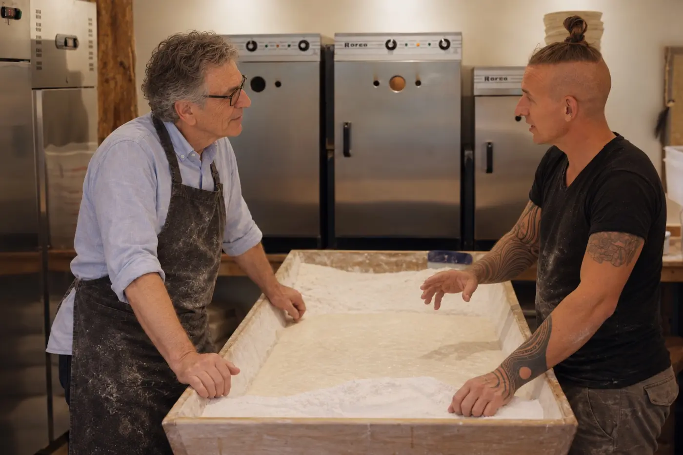 Jan en Joeke in gesprek aan de deegbak in de bakkerij